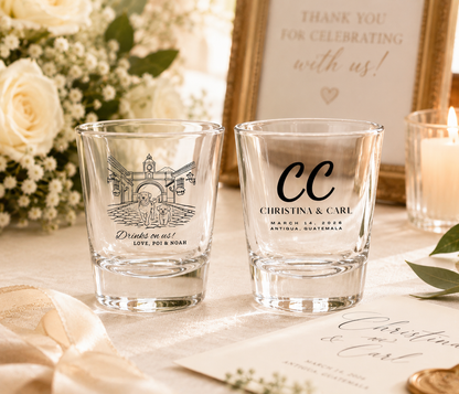 Personalized destination wedding shot glasses featuring venue illustration pet portraits names and wedding date