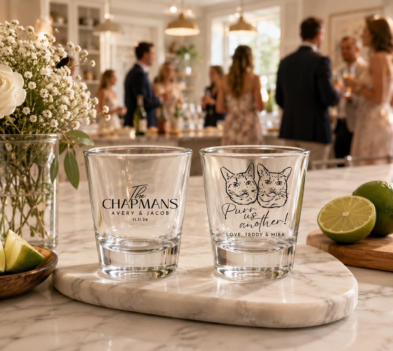 Personalized cat wedding shot glasses with custom cat portraits couple names and wedding date
