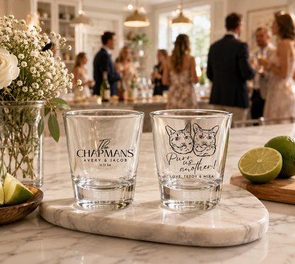 Personalized cat wedding shot glasses with custom cat portraits couple names and wedding date