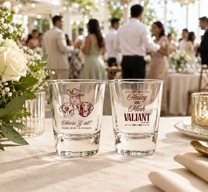 Personalized pet wedding shot glasses featuring custom dog portraits names and wedding date
