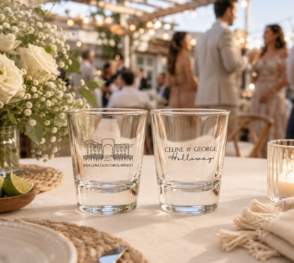 Personalized destination wedding shot glasses with custom venue illustration and couple names