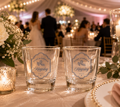 Personalized oyster wedding shot glasses with couple names wedding date and oyster illustration