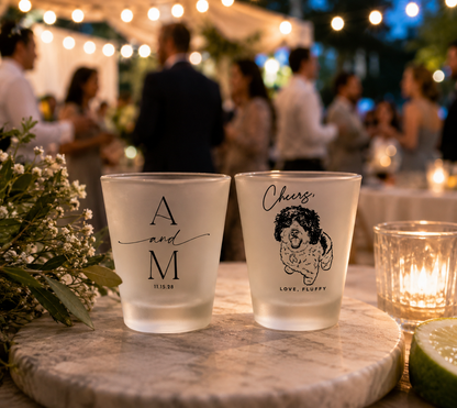 Personalized pet wedding frosted shot glasses featuring custom dog portrait initials and wedding date