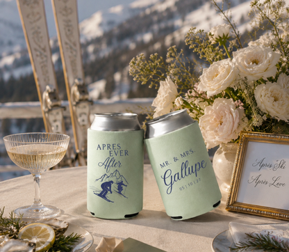 Personalized ski wedding can cooler featuring après-ski mountain artwork.
