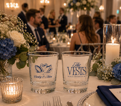 Personalized swan wedding shot glasses with custom family name couple names wedding date and location