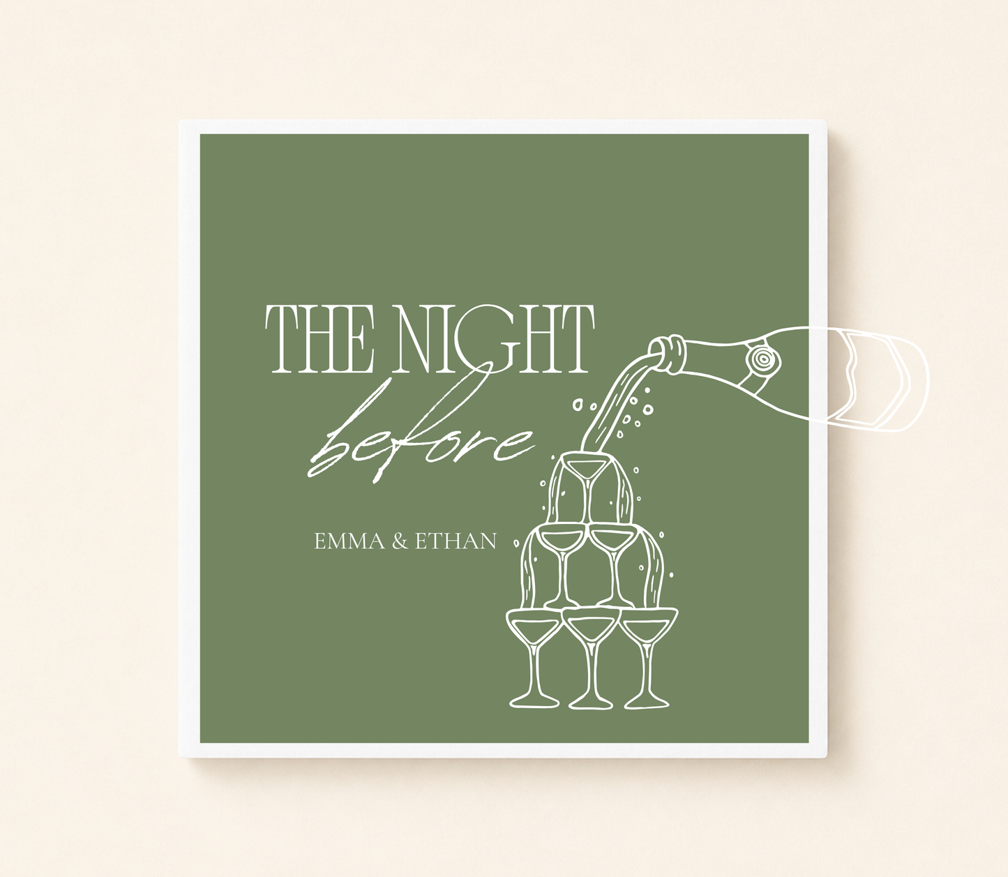 Personalized The Night Before cocktail napkin featuring a champagne tower illustration and custom couple names
