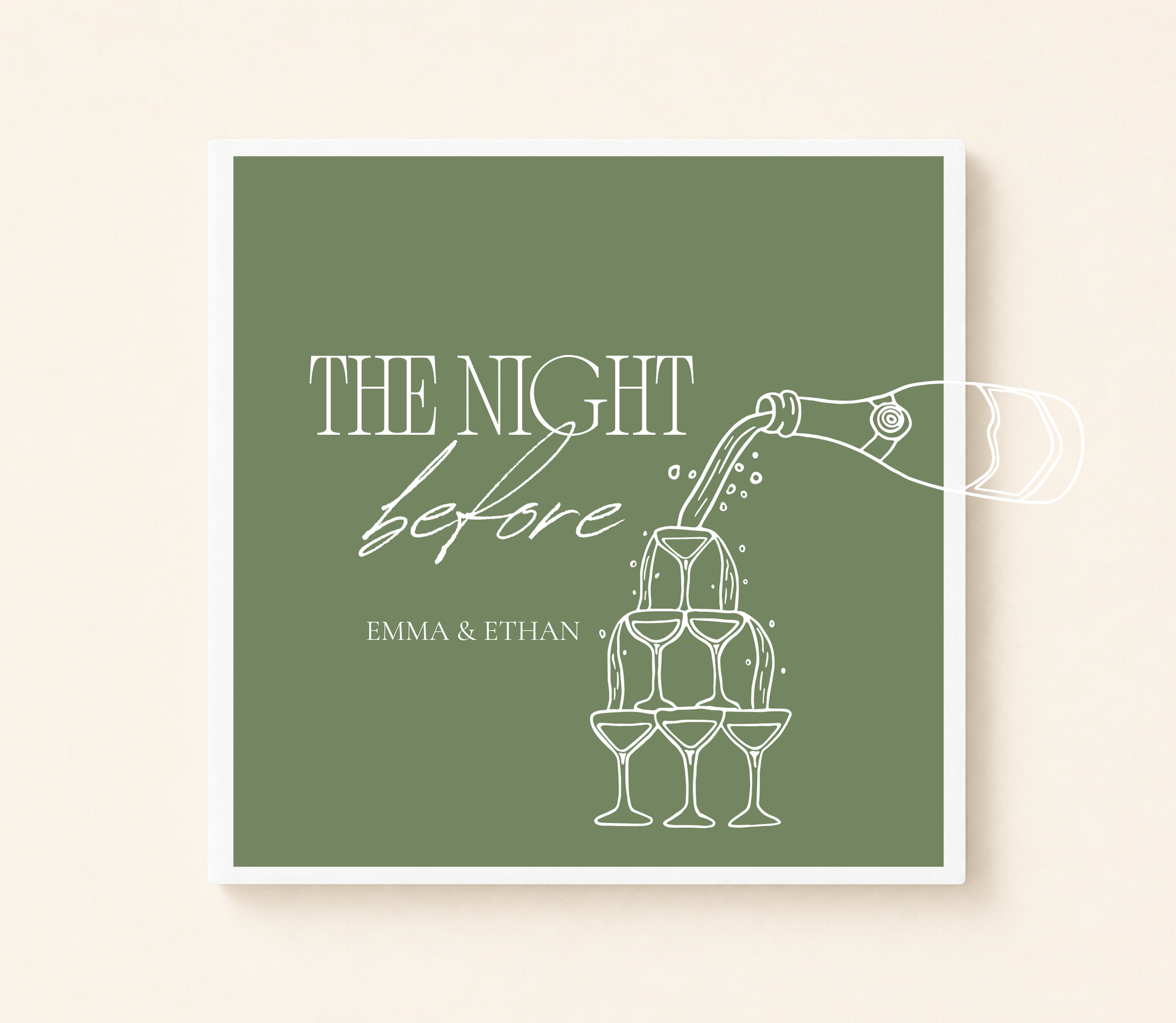 Personalized The Night Before cocktail napkin featuring a champagne tower illustration and custom couple names