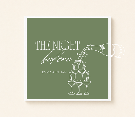 Personalized The Night Before cocktail napkin featuring a champagne tower illustration and custom couple names