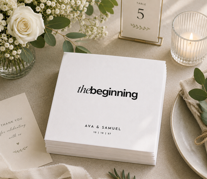 The Beginning personalized wedding napkins
