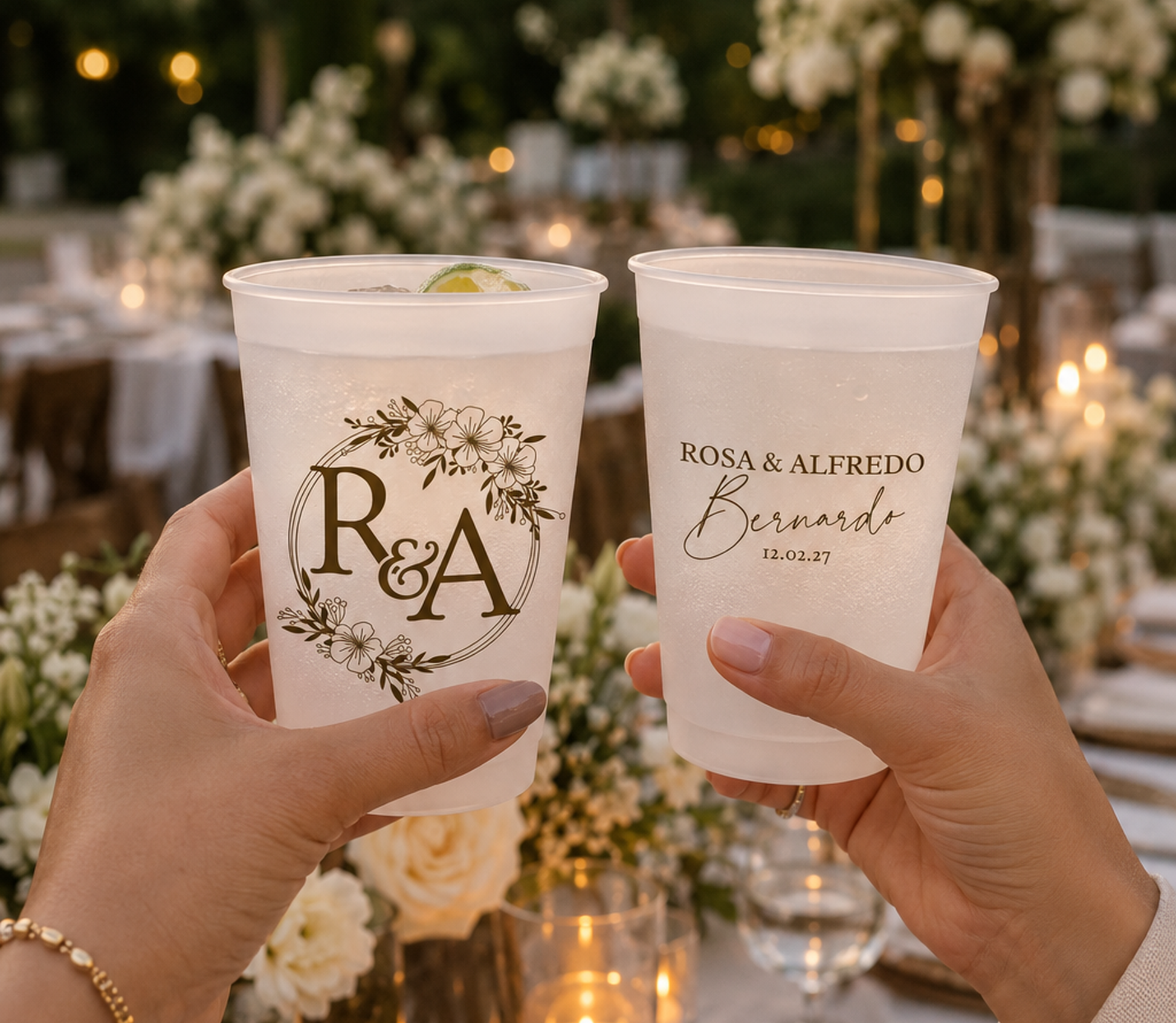 Personalized frosted wedding cups with brown floral monogram artwork for signature cocktails and wedding favors