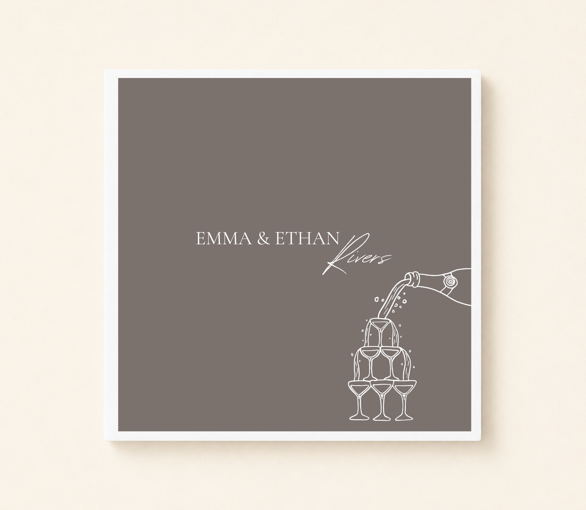 Personalized champagne tower wedding napkin featuring custom couple names and champagne pour illustration