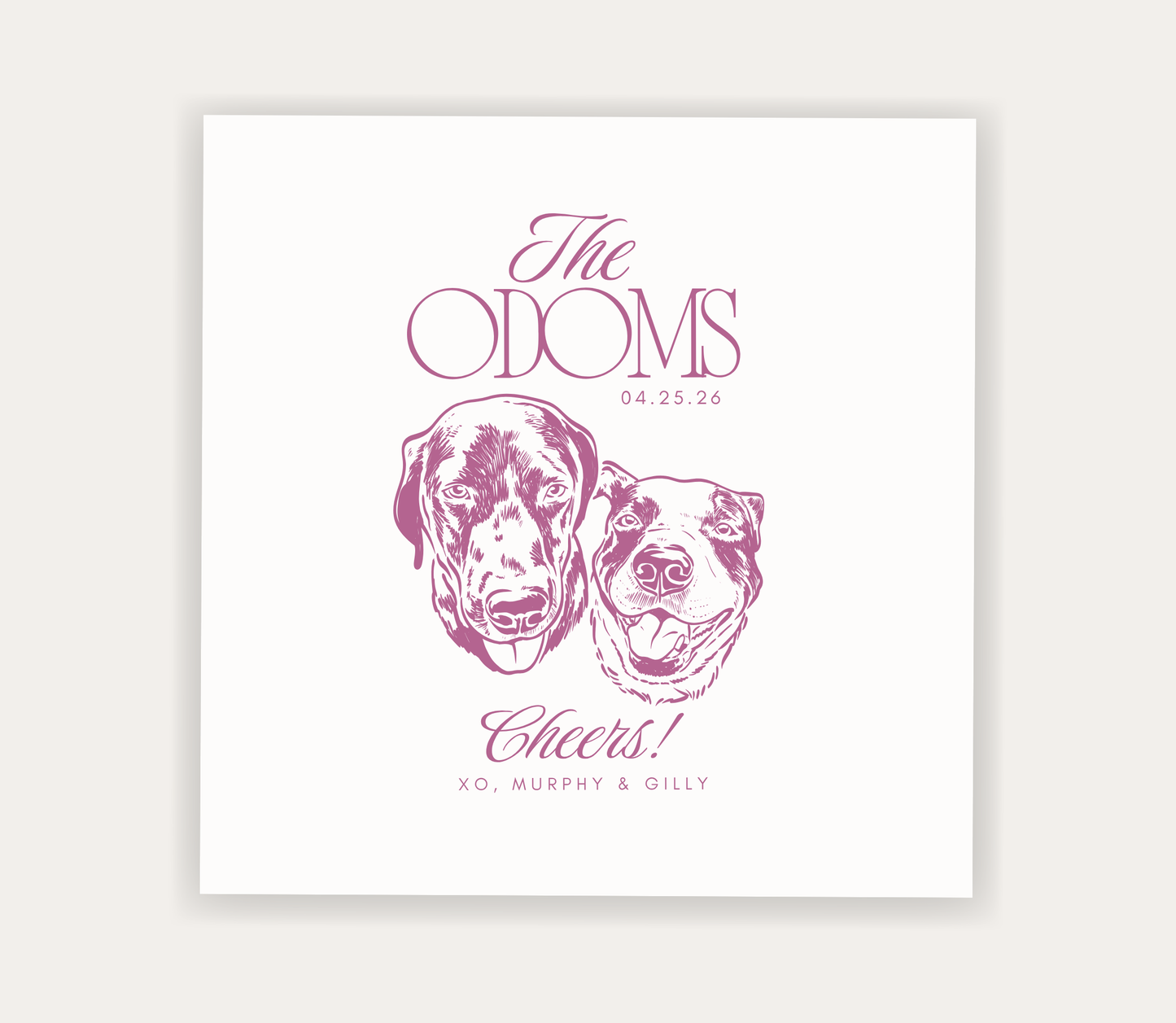 Custom pet portrait wedding napkin featuring two dog illustrations with Cheers wording, pet names, and personalized wedding details