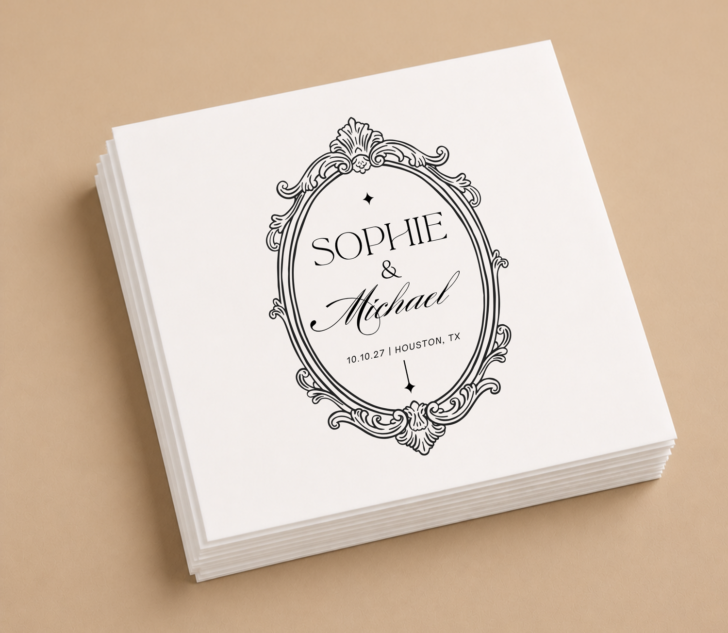 Personalized vintage frame wedding cocktail napkins featuring custom couple names, wedding date, wedding location, and an ornate antique-inspired border.