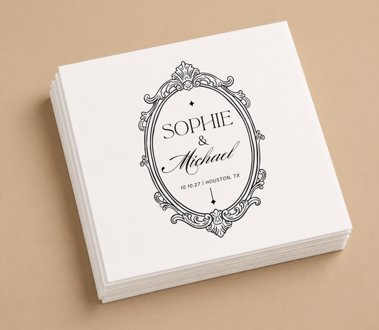 Personalized vintage frame wedding cocktail napkins featuring custom couple names, wedding date, wedding location, and an ornate antique-inspired border.