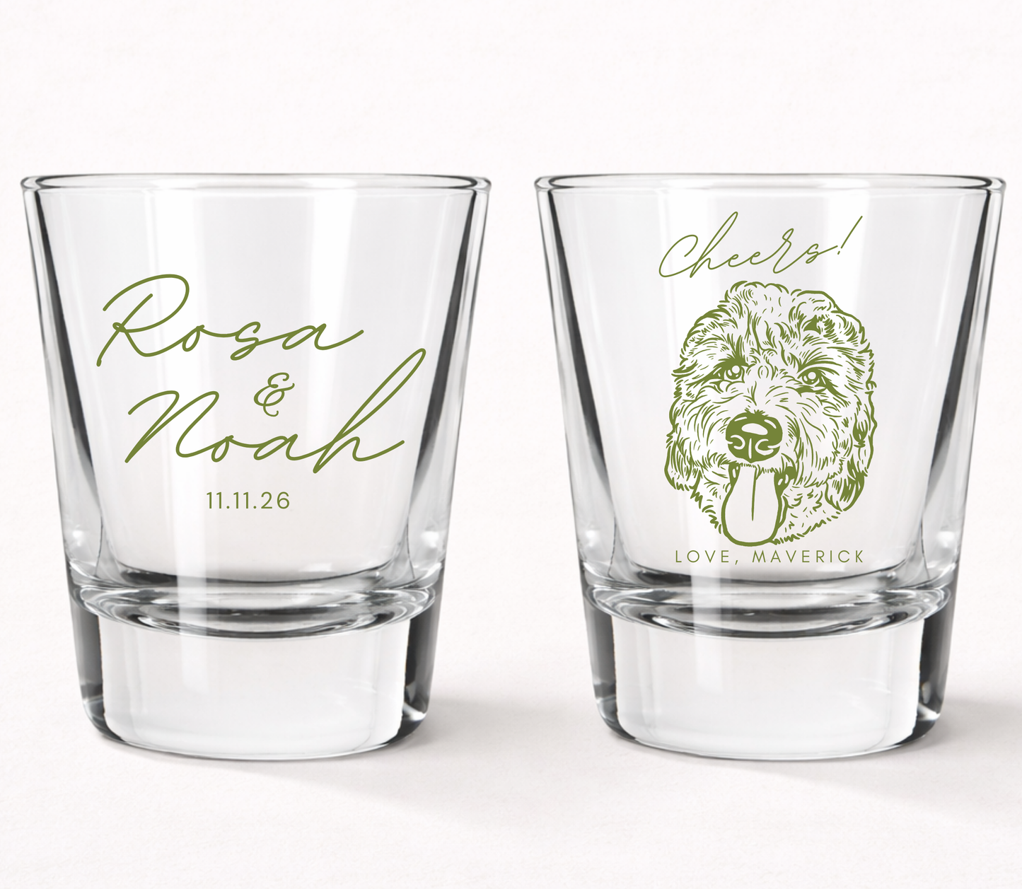 Personalized wedding shot glasses
Pet portrait wedding favor glasses
Custom dog wedding shot glasses
Minimalist wedding keepsake glasses