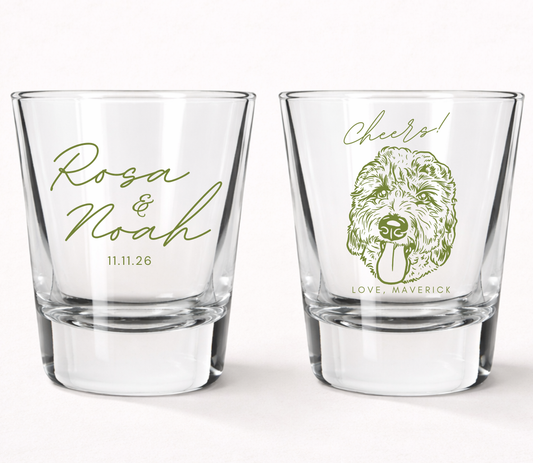 Personalized wedding shot glasses
Pet portrait wedding favor glasses
Custom dog wedding shot glasses
Minimalist wedding keepsake glasses