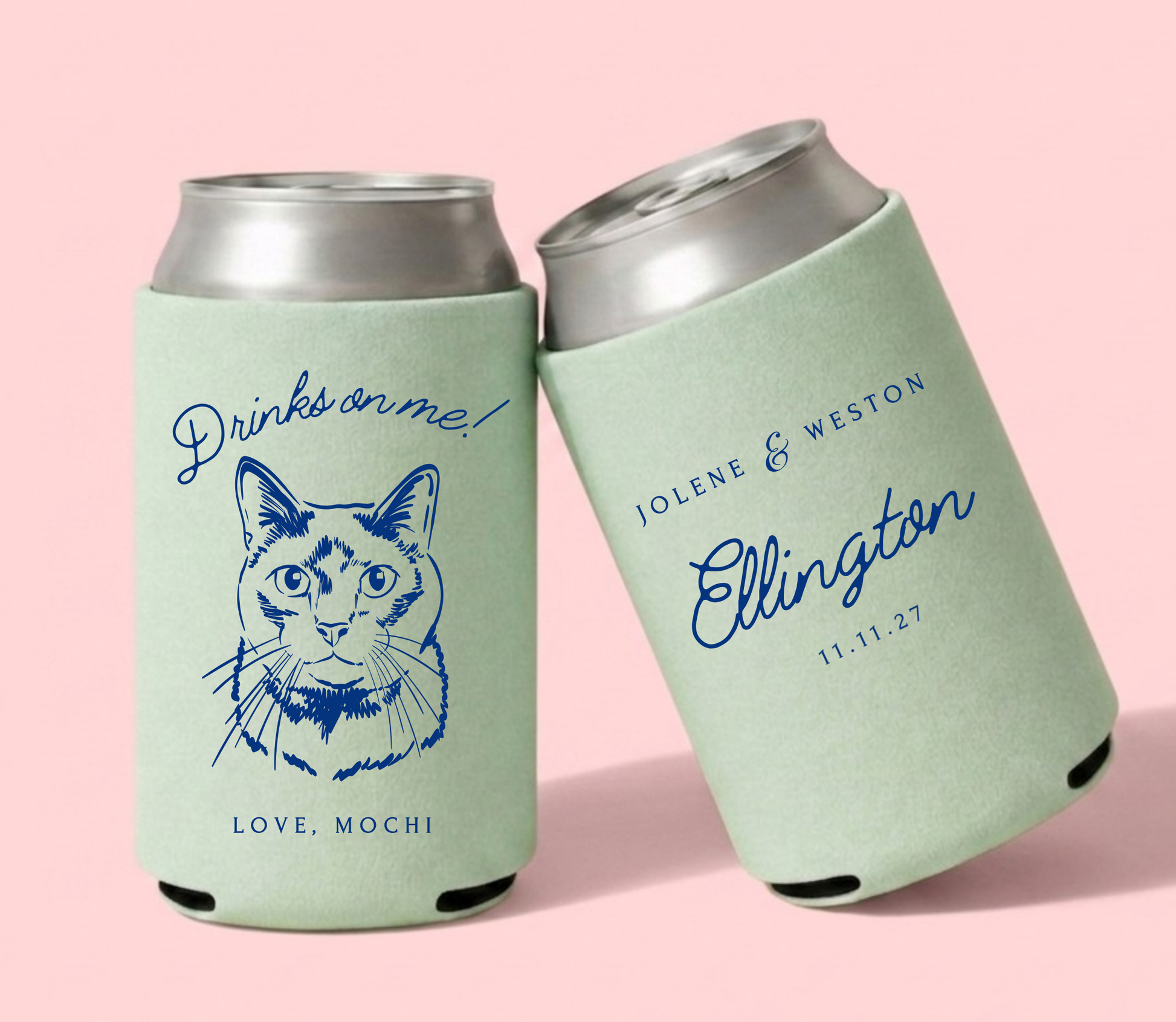 Mint green wedding can cooler with custom pet drawing and couples names and date