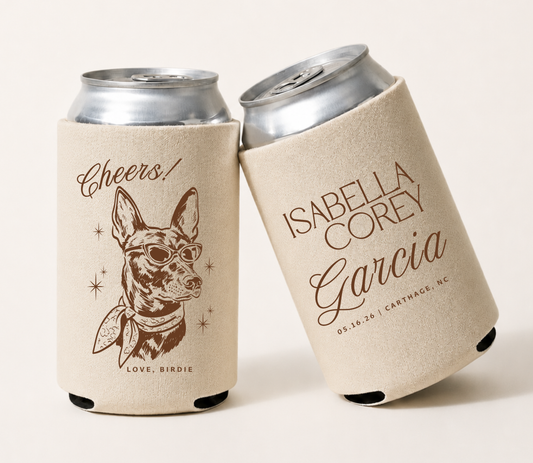 Personalized wedding can coolers featuring a custom dog illustration, couple's names, wedding date, and wedding location.