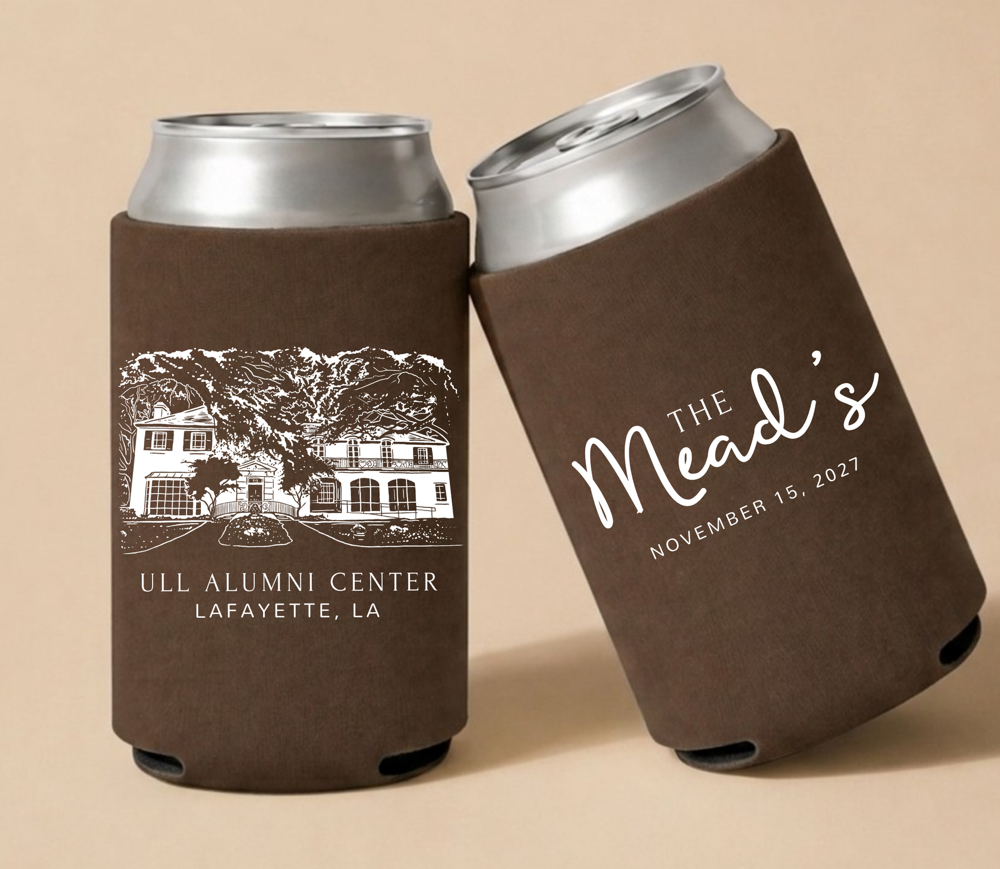 Brown personalized wedding can coolers featuring a ULL Alumni Center architectural illustration with custom family name and wedding date.