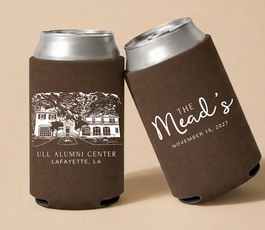 Brown personalized wedding can coolers featuring a ULL Alumni Center architectural illustration with custom family name and wedding date.