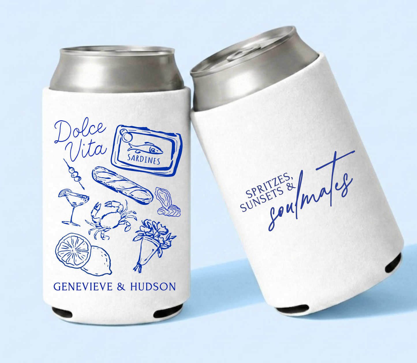 White destination wedding can coolers with sardine tin illustration, lemon details, cocktail artwork, and couple names