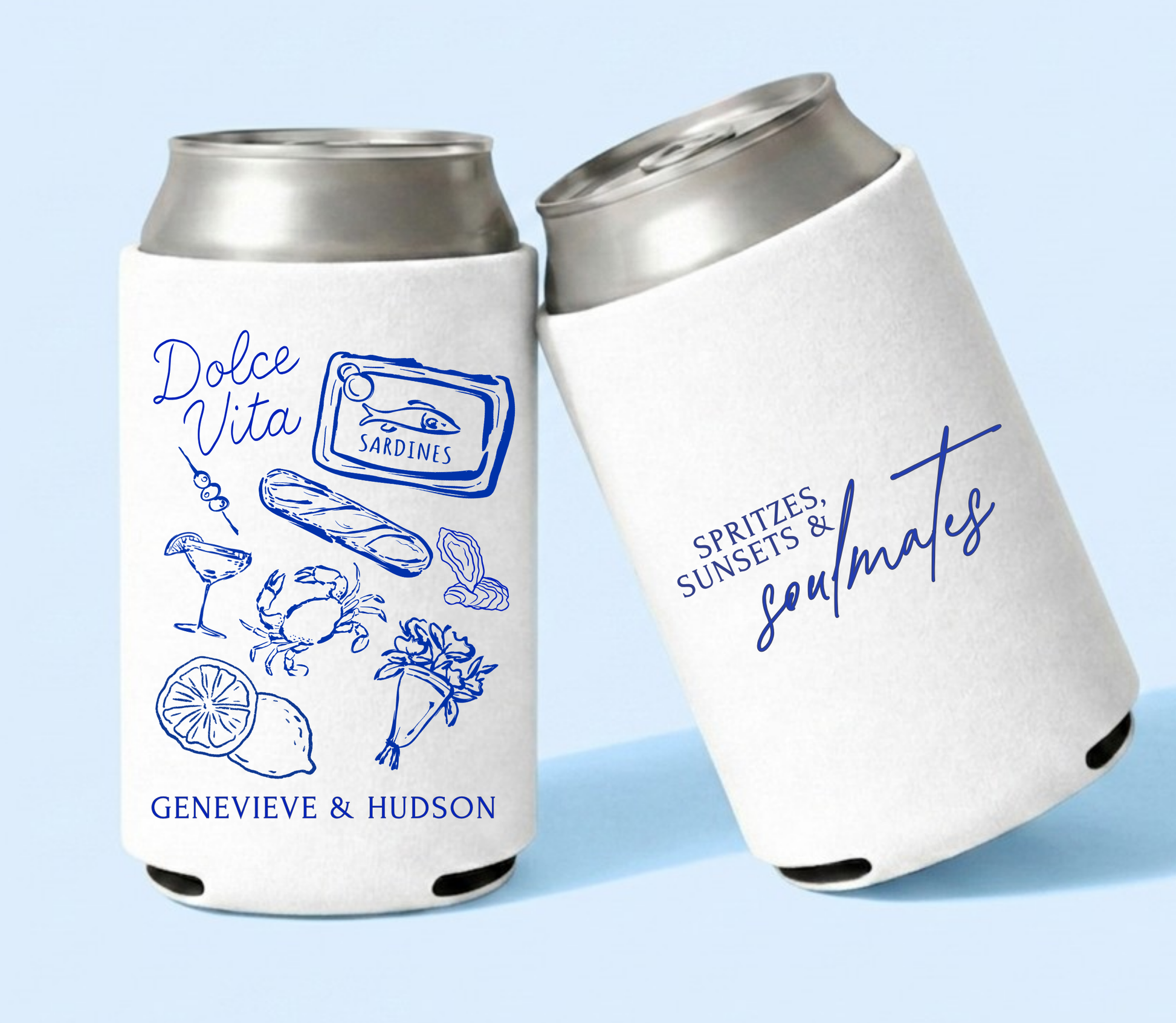 White destination wedding can coolers with sardine tin illustration, lemon details, cocktail artwork, and couple names