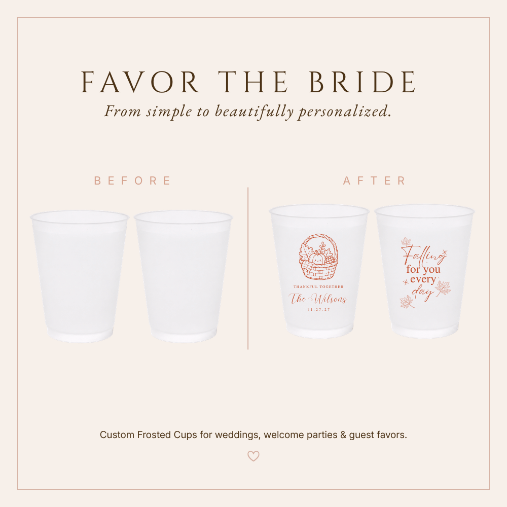 Autumn harvest wedding favor cups with romantic designs