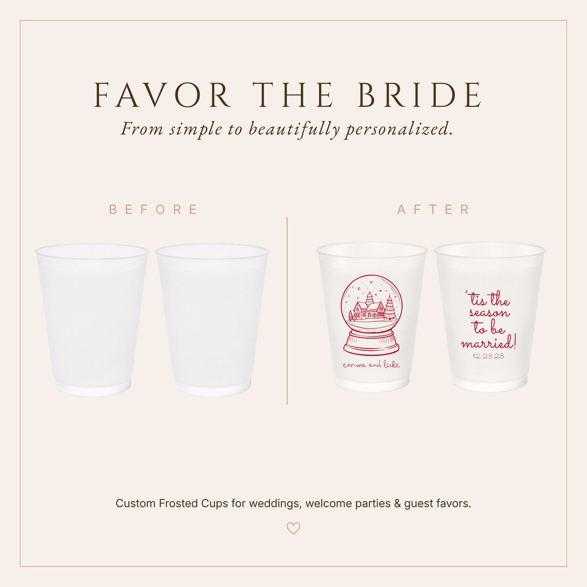 Festive Christmas wedding favor cups featuring snowy village illustration and custom details.