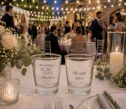 Personalized wedding eve shot glasses with custom couple names wedding date and the night before design