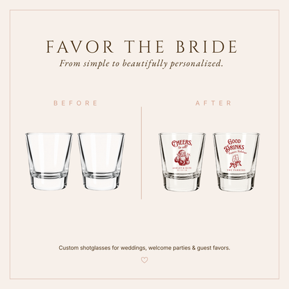 Festive holiday wedding favor glasses featuring Christmas illustrations and custom details.