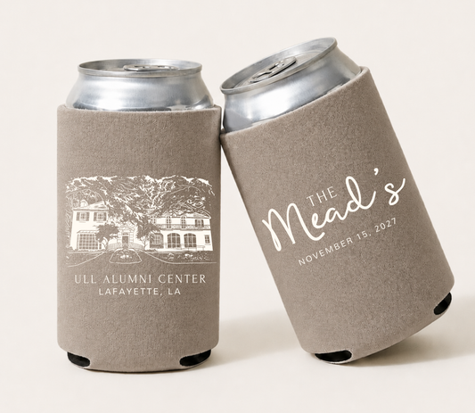 Personalized wedding venue can coolers featuring a custom venue illustration, family name, wedding date, and venue location for elegant wedding celebrations.
