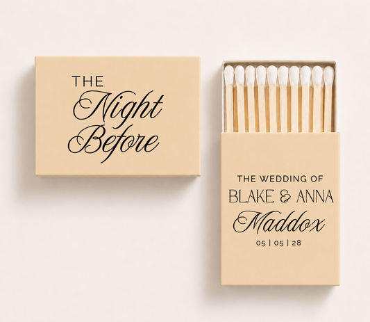 Personalized wedding weekend matchboxes featuring "The Night Before" with custom couple names, family name, and wedding date.