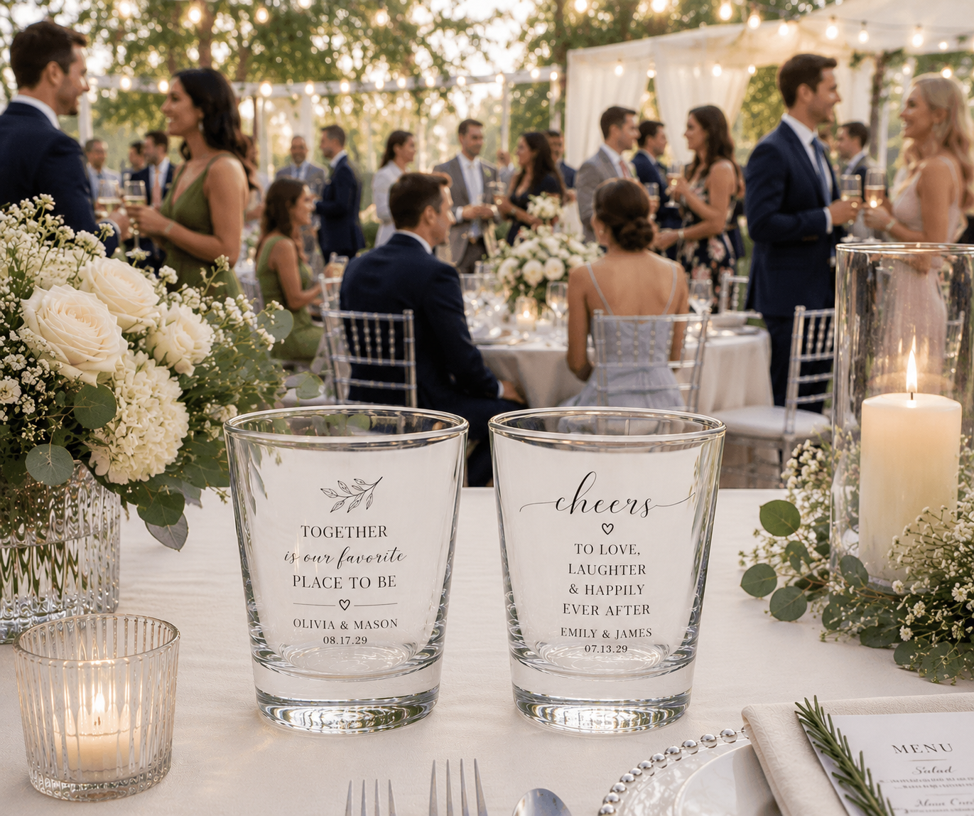 Personalized wedding welcome party shot glasses with custom family name wedding date and before the vows lets toast design