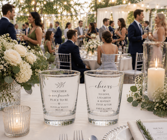 Personalized wedding welcome party shot glasses with custom family name wedding date and before the vows lets toast design
