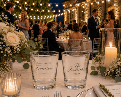 Personalized wedding welcome shot glasses with custom family name wedding date and toasting to tomorrow design