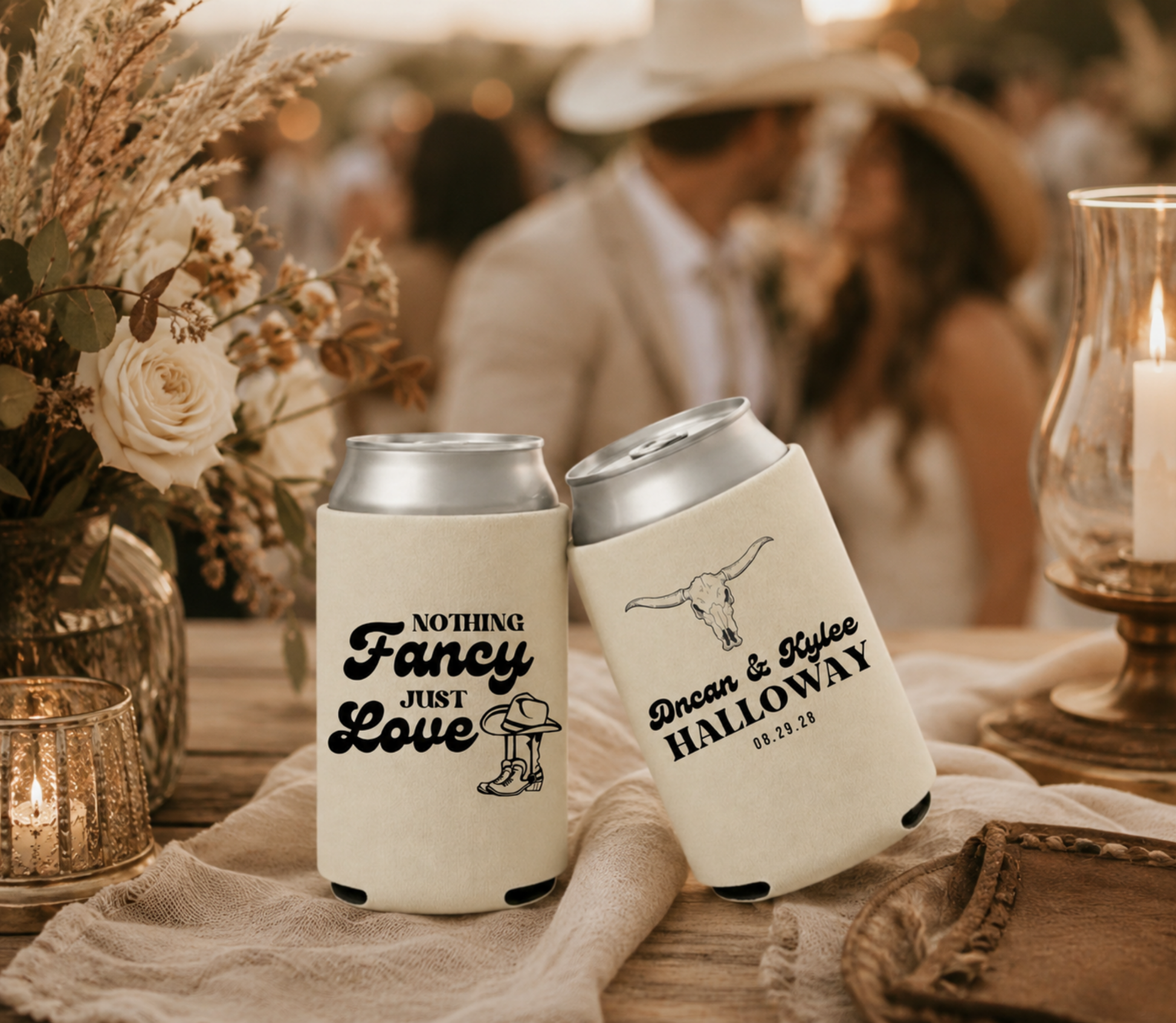 Personalized wedding can coolers with western typography, couple names, and cowboy inspired artwork for country weddings