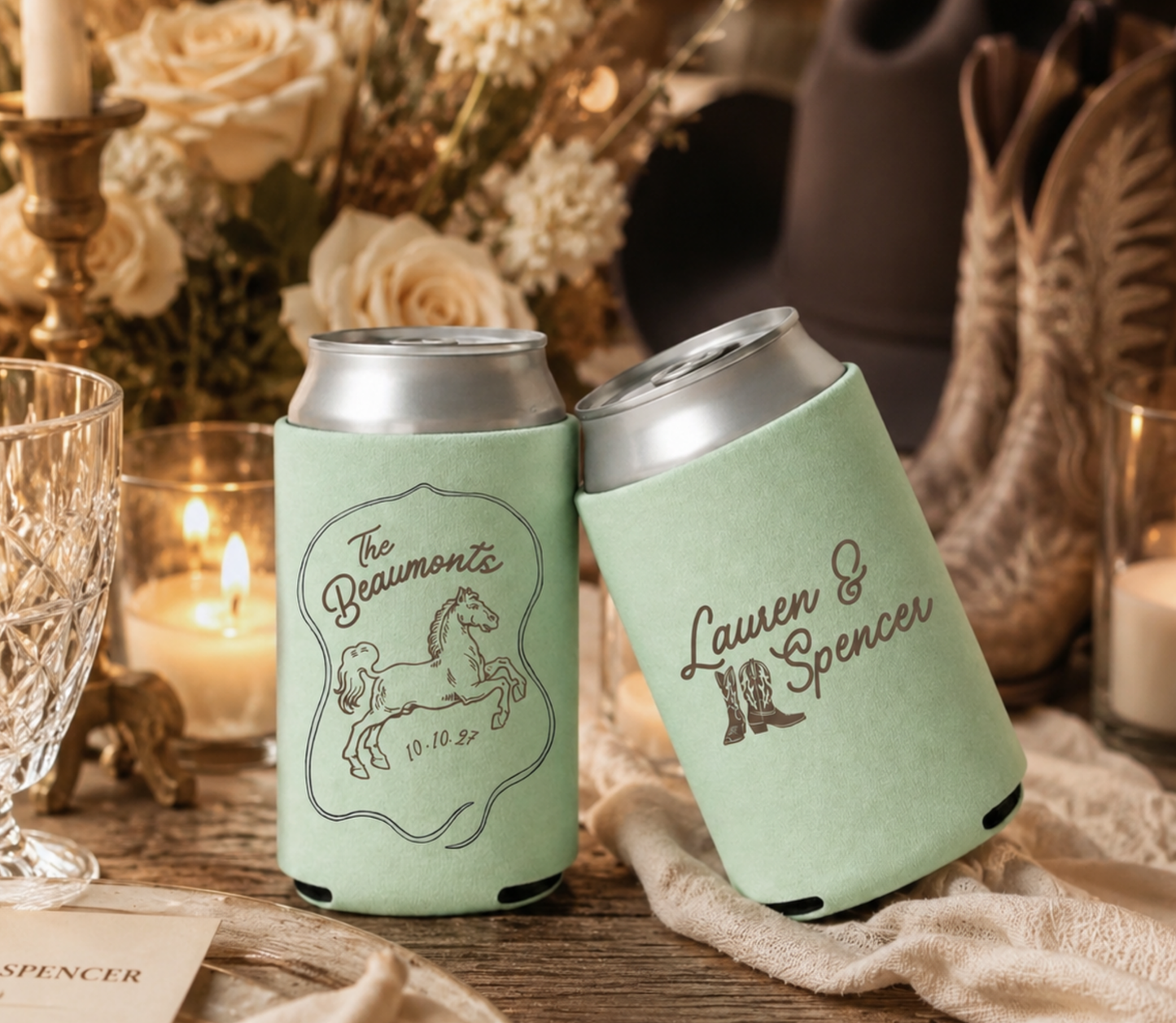 Personalized horse wedding can coolers with custom names, wedding date, and brown equestrian artwork on sage green drink sleeves