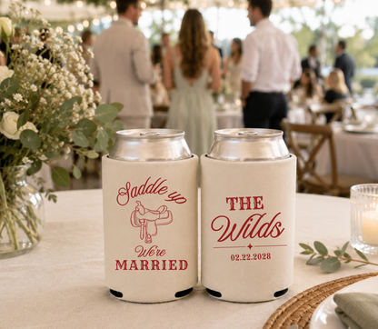 Custom Saddle Up Wedding Can Coolers