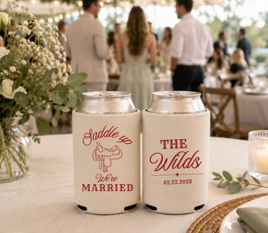 Custom Saddle Up Wedding Can Coolers
