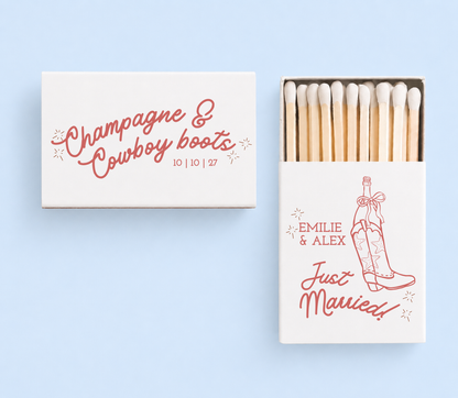 Champagne and cowboy boots wedding matchboxes
Western wedding favor matches
Rustic cowboy wedding matchbox design
Personalized country wedding matches