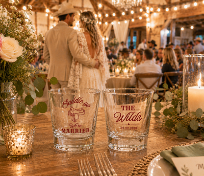Personalized western wedding shot glasses with saddle artwork custom couple names and wedding date
