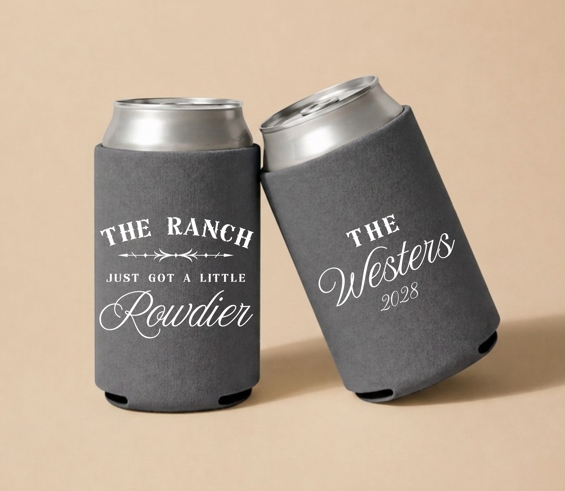 Personalized ranch wedding can coolers with white western typography, custom last name, and wedding year on charcoal gray drink sleeves