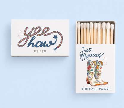 Floral cowboy boot wedding matchboxes
Western wedding favor matches
Rustic cowboy wedding matchbox design
Country wedding personalized matches