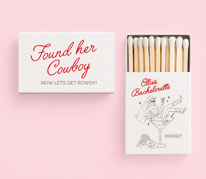 Found her cowboy bachelorette matchboxes
Western cowgirl bach favors
Personalized Nashville bachelorette matches
Cowgirl bridal party matchboxes
