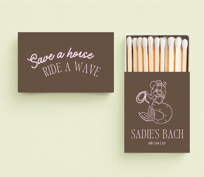 Coastal cowgirl bach matchboxes
Western beach bachelorette favors
Save a horse ride a wave matches
Personalized bach party matchboxes