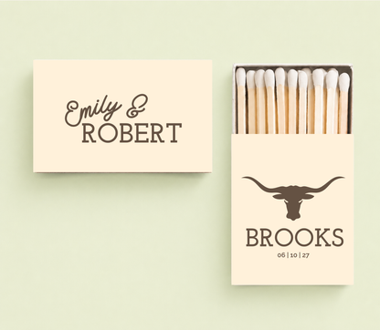 Personalized western wedding matchboxes
Rustic cowboy wedding favor matches
Longhorn country wedding matchbox
Custom barn wedding matches