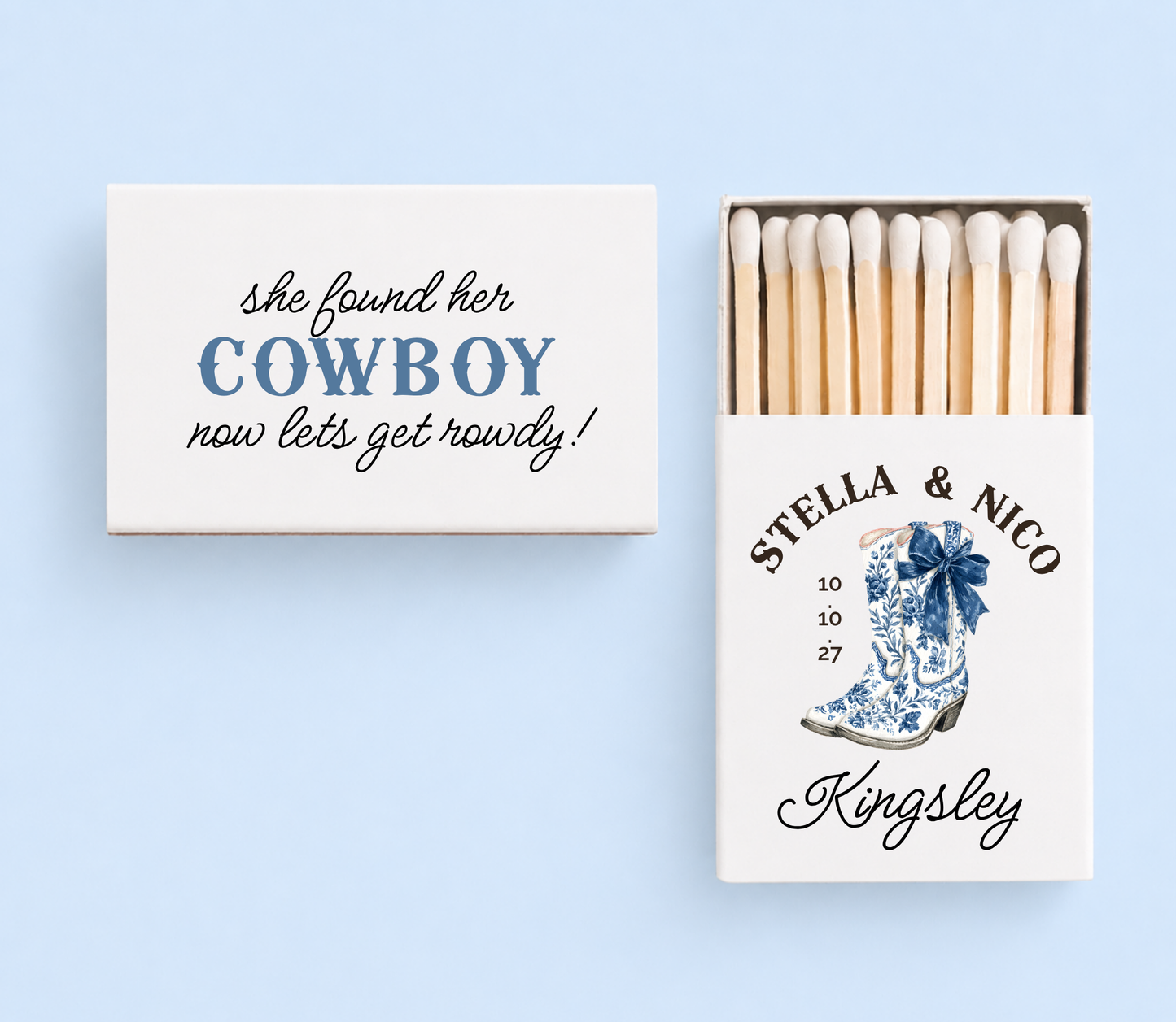 Personalized cowboy boot wedding matchboxes
Western wedding favor matches
Rustic country wedding matchbox design
Custom cowboy wedding matches
