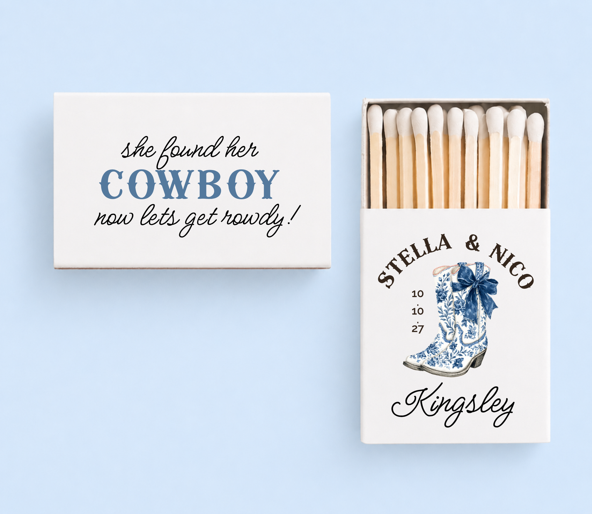 Personalized cowboy boot wedding matchboxes
Western wedding favor matches
Rustic country wedding matchbox design
Custom cowboy wedding matches