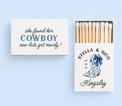 Personalized cowboy boot wedding matchboxes
Western wedding favor matches
Rustic country wedding matchbox design
Custom cowboy wedding matches