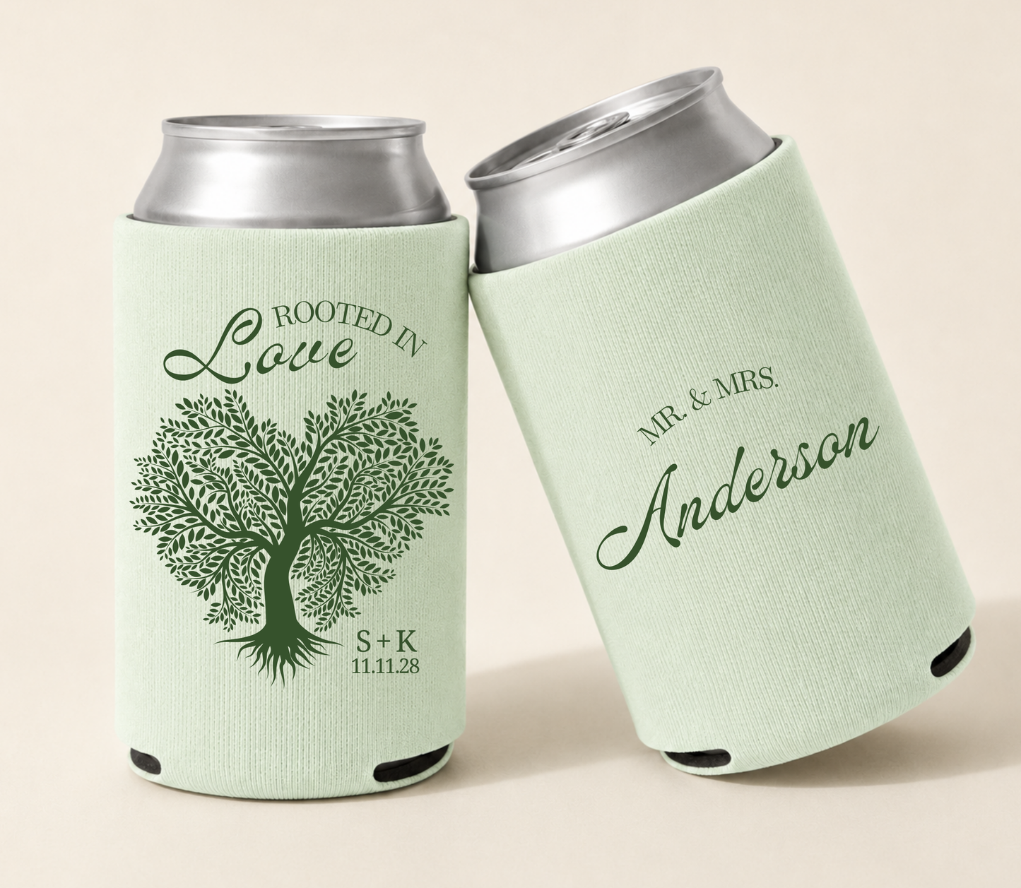 Mint green personalized wedding can coolers featuring a symbolic tree of love illustration, custom family name Anderson, couple initials, and wedding date.